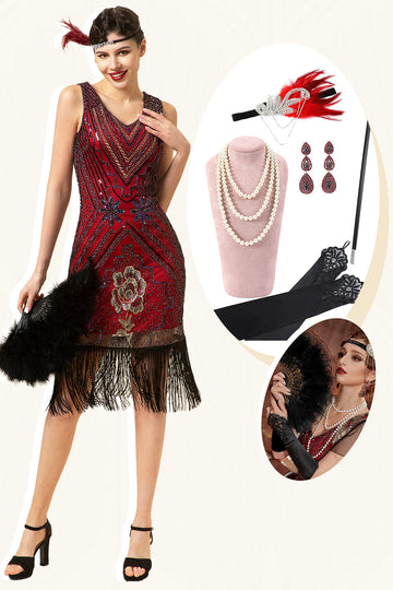 Bourgogne Franges à paillettes 1920s Gatsby Flapper Robe avec accessoires des années 20 Set
